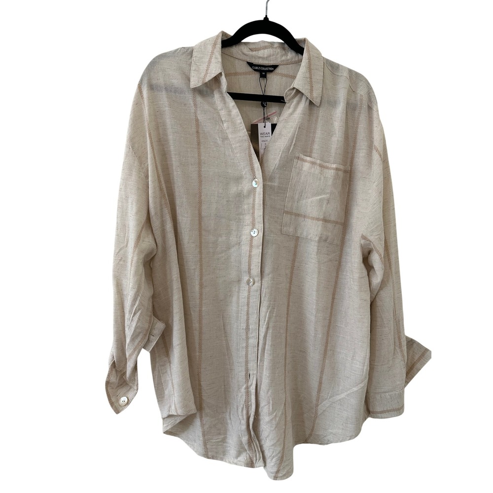 Club Z Collection Womens 1X Natural Linen Blend Striped Roll Tab Shirt Coastal